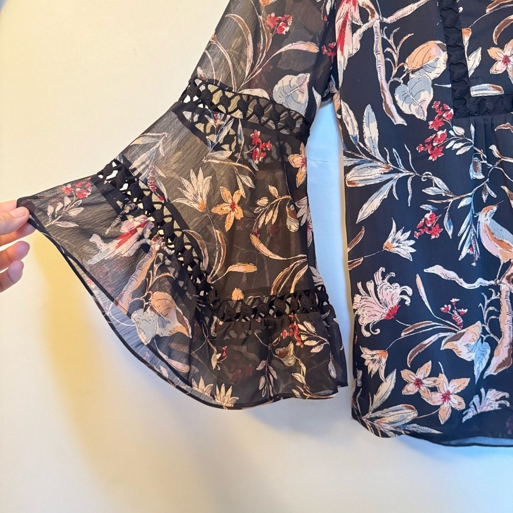 Maeve Black Blouse with Pink and Cream Floral Design bell sleeves - Picture 2 of 6